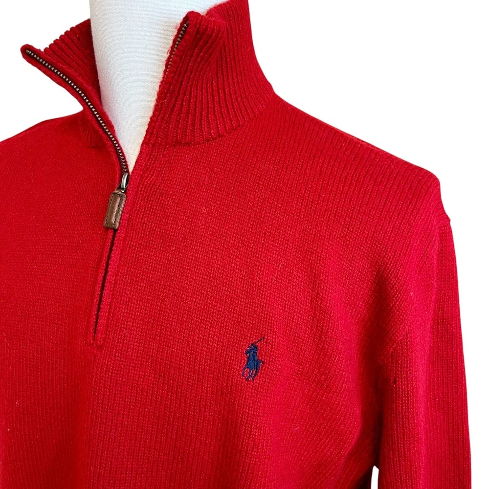 Vintage POLO Ralph Lauren‎ Red Lambswool 1/4 Zip Sweater Mens XXL Preppy Classic